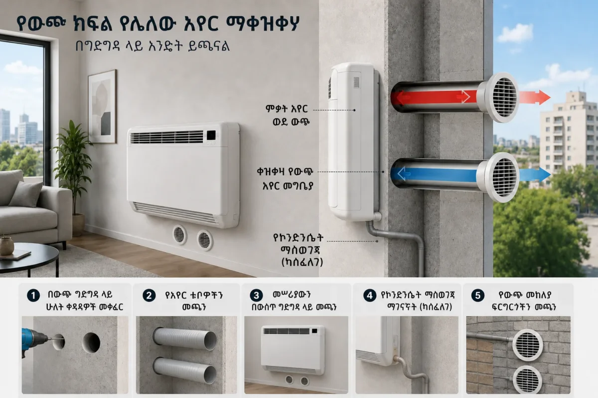 የውጭ ክፍል የሌለው አየር ማቀዝቀዣ በውጭ ግድግዳ የሚጫንበት ሥዕላዊ መግለጫ