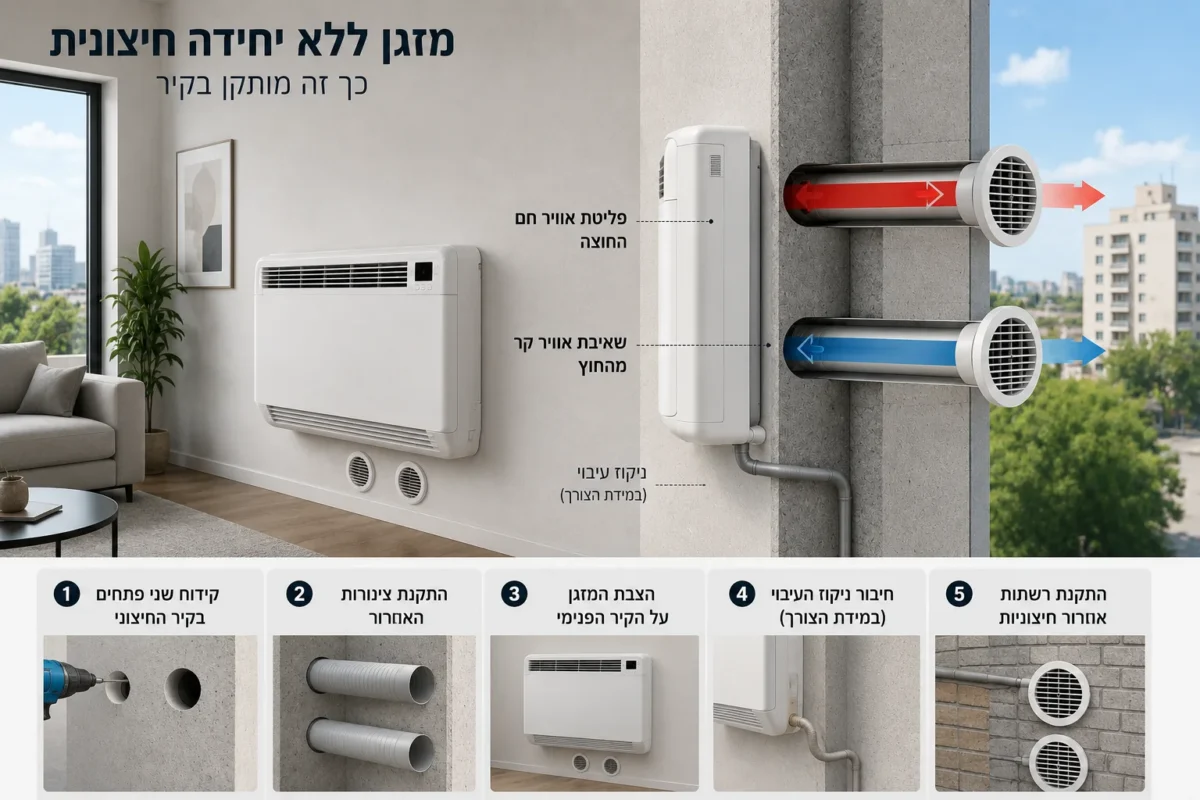 תרשים התקנת מזגן ללא יחידה חיצונית דרך קיר חוץ