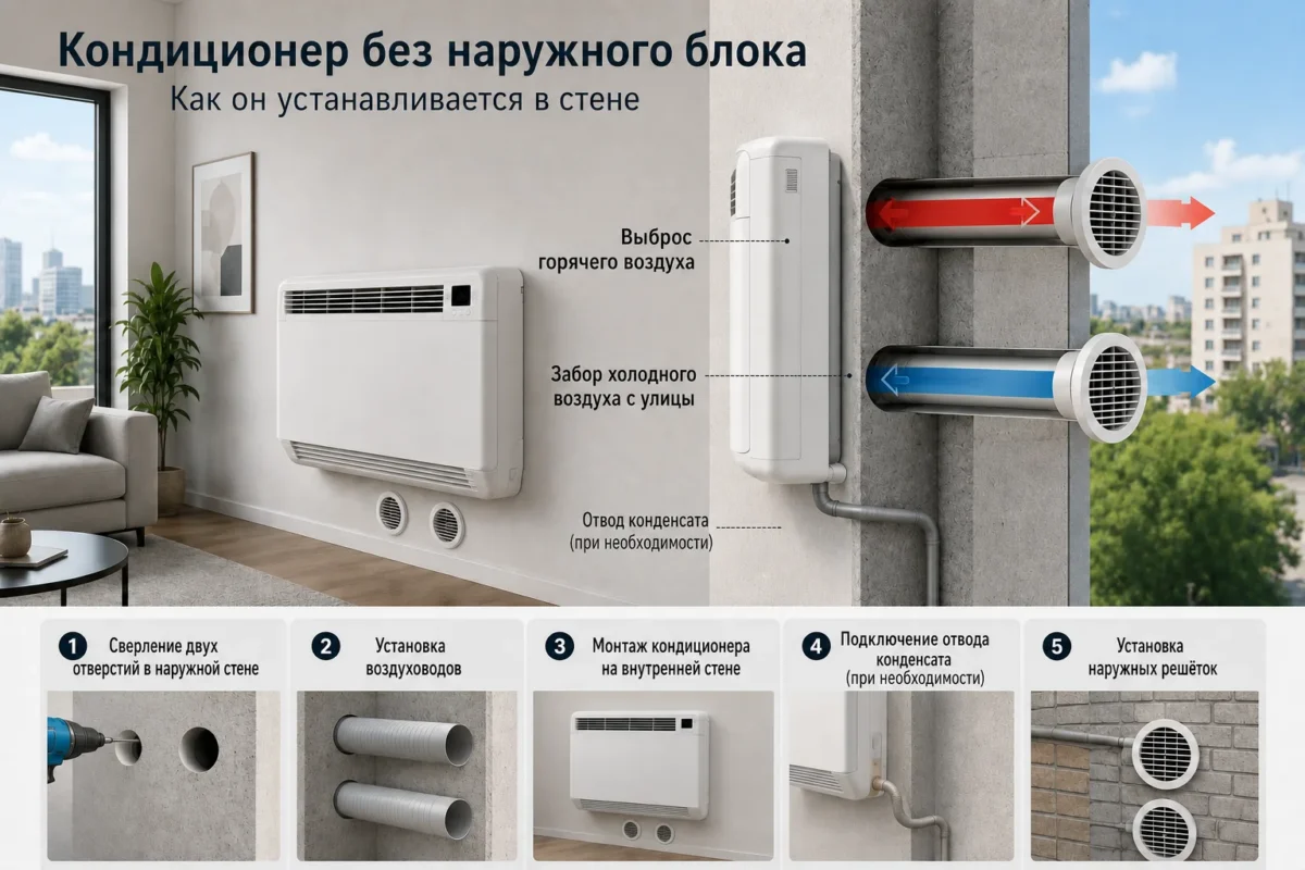 Схема установки кондиционера без наружного блока через наружную стену
