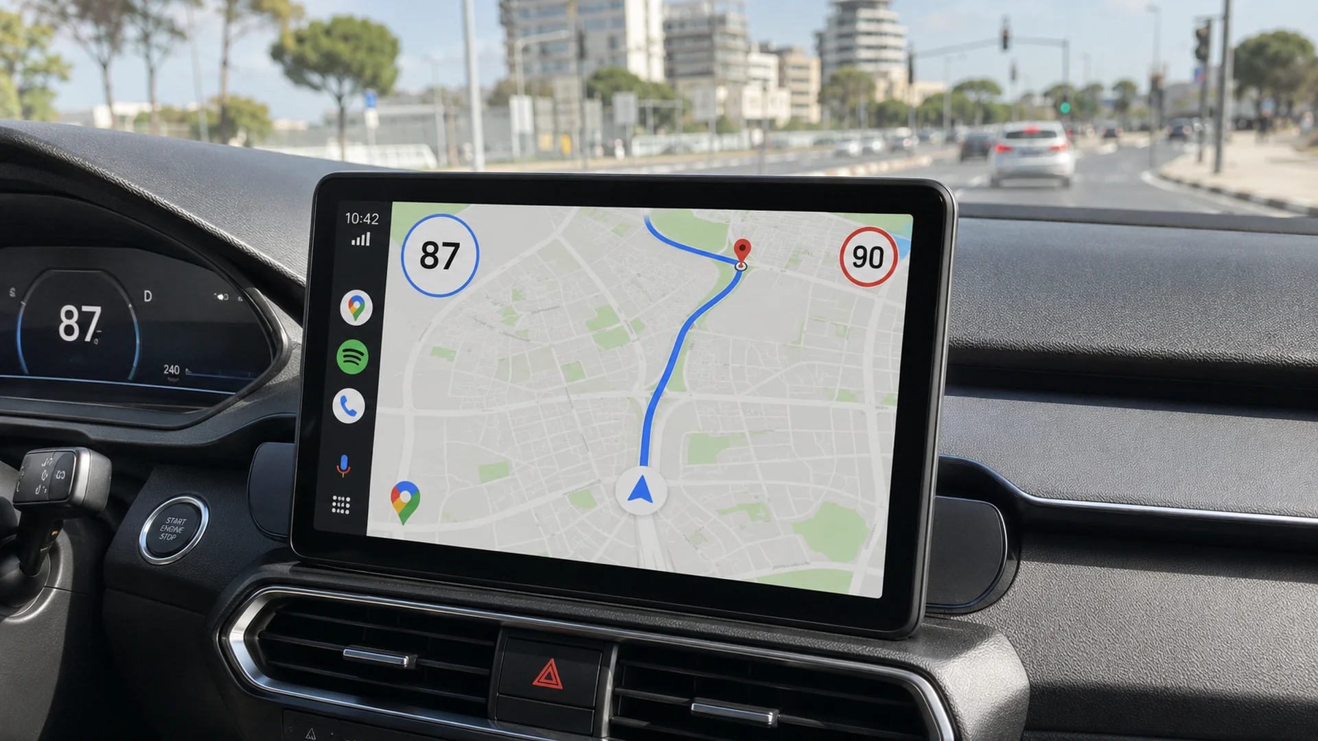 מד המהירות של Google Maps על מסך Android Auto ברכב
