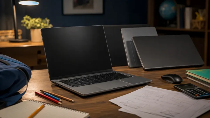 מחשבים ניידים לתלמיד על שולחן עם מחברות וציוד לימודי
