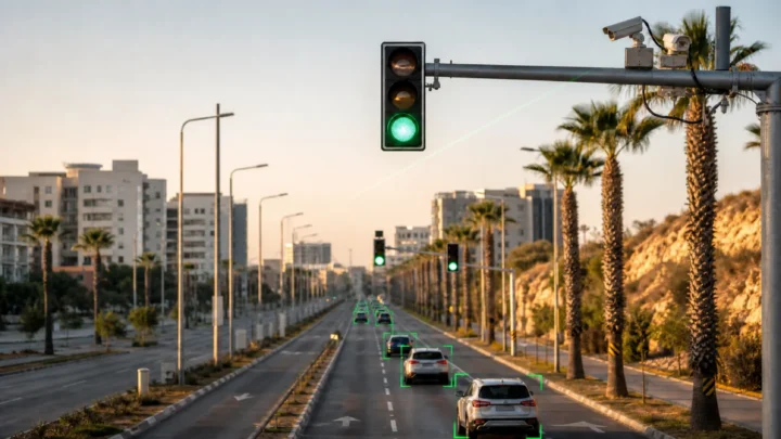 רמזורים ירוקים ומצלמות לניהול תנועה מעל דרך עירונית ראשית בישראל