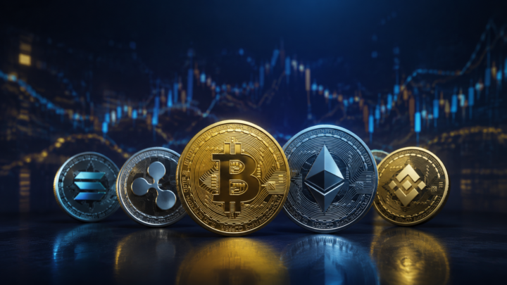 Монеты Bitcoin, Ethereum и других криптовалют на фоне биржевого графика