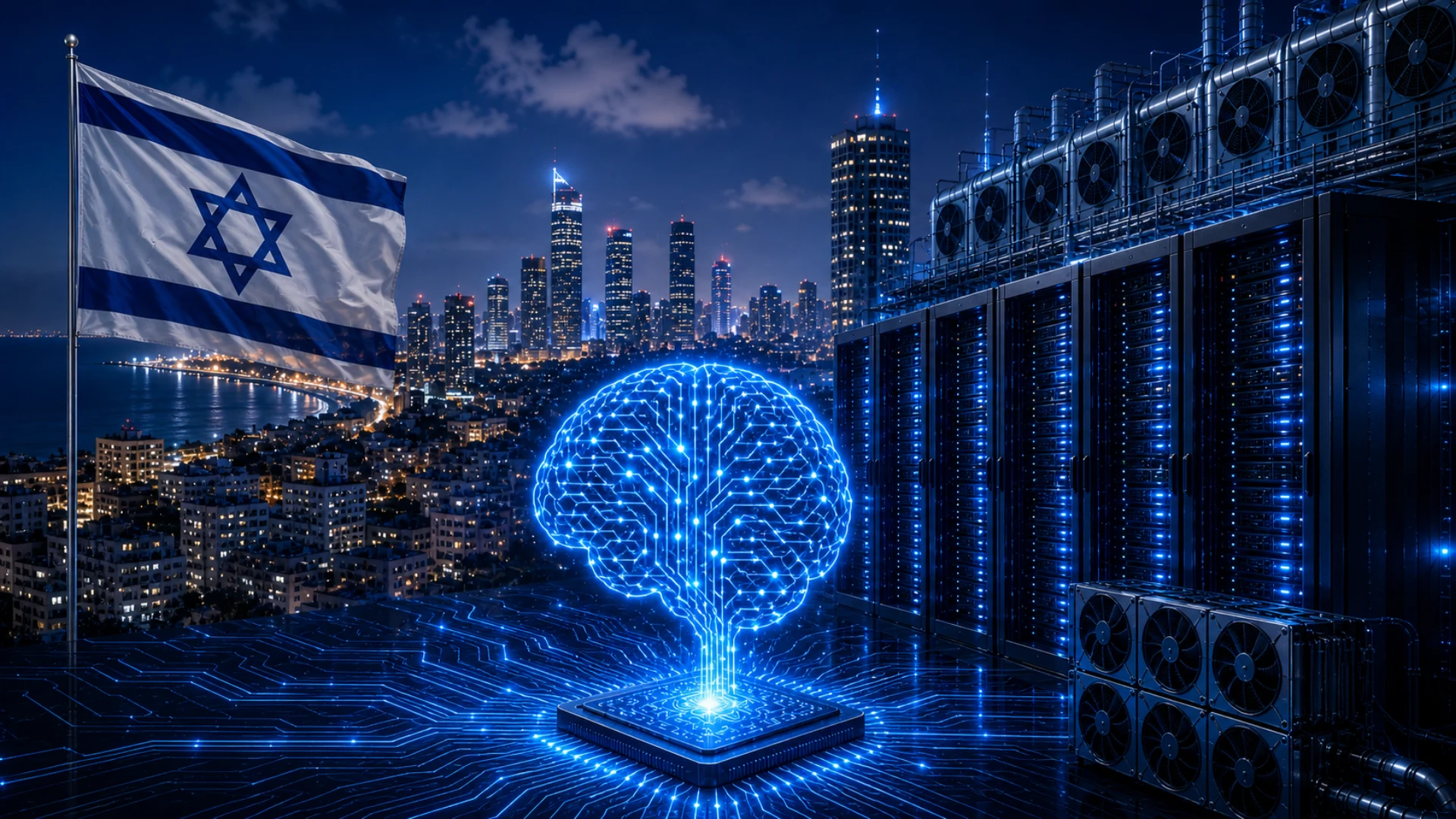 דגל ישראל, עיר ומרכז נתונים עם המחשה של רשת עצבית