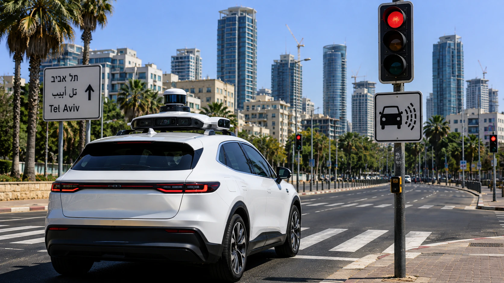 רכב אוטונומי עומד ברמזור אדום ברחוב בתל אביב
