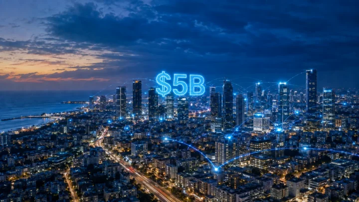 הכיתוב המואר $5B מעל תל אביב בשעת ערב, מוקף ברשת AI דיגיטלית